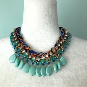 Layered Strand Bib Necklace Rhinestones Beads Statement